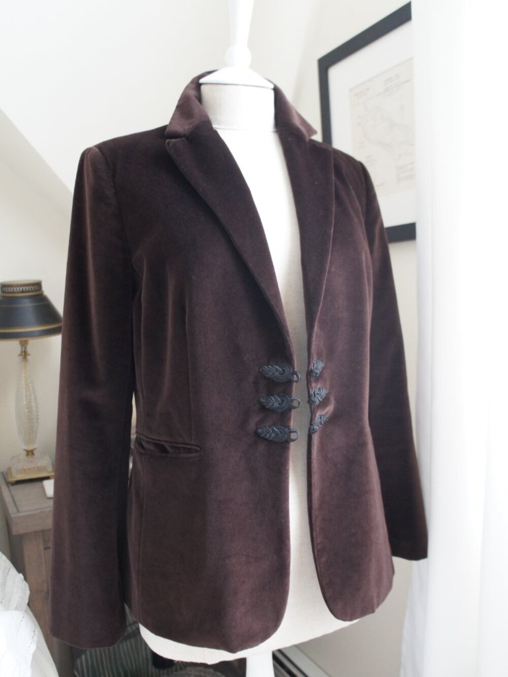 Banana Republic Dark Brown Velvet Blazer With Mandarin Frog Closure Buttons 6